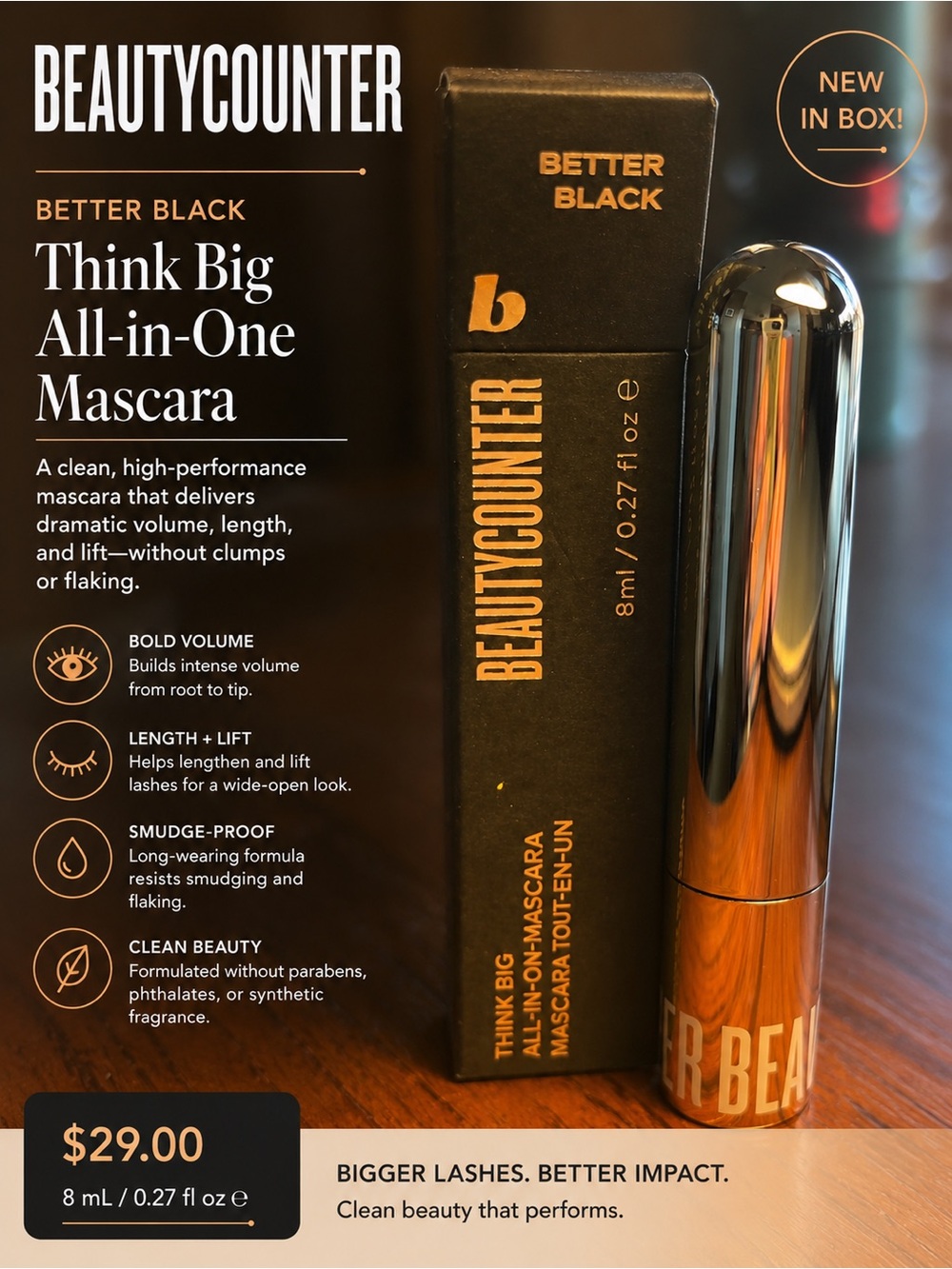 Beautycounter Think Big All-in-One Mascara Better Black 0.27 oz NIB